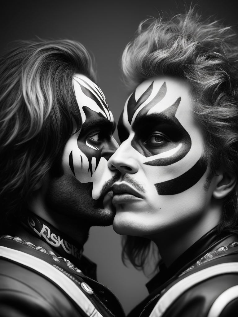 Rock band Kiss, Faces painted black and white, studio photo, professional photo, Bright and rich colors, Detailed image, detailed face