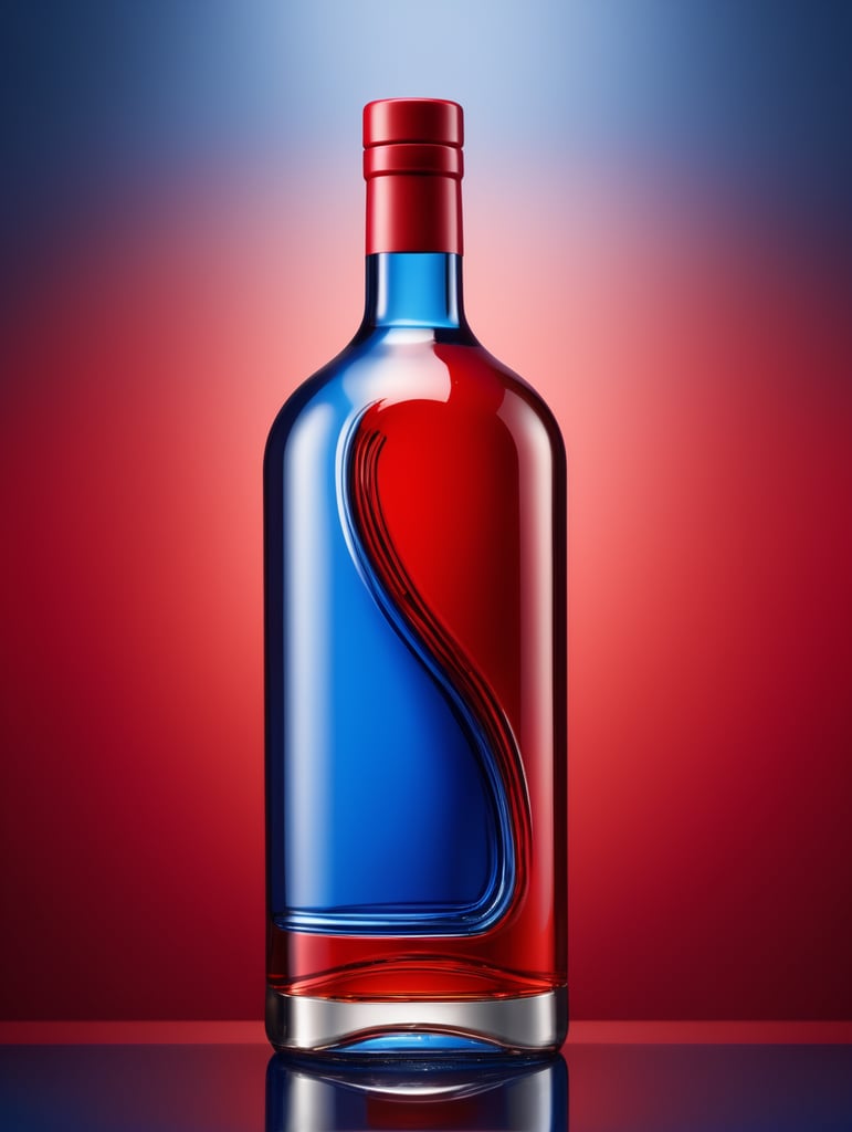 blank Liquor bottle, avant-garde, simplygo, photoshoot spread, all red, blue background, harpers bizarre, cover, headshot, hyper realistic, mockup