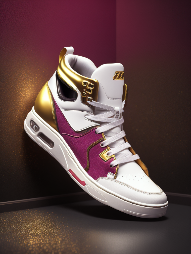 realistic photo of women sneaker shoes, 5 cm heel, with colors viva magenta, white and golden lines