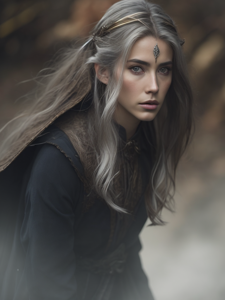 An elf in LOTR movie style, androgene face, long straight silver hair,gray and silver clothes with elvish motifs, swiping a sward, whole figure, in an old forest