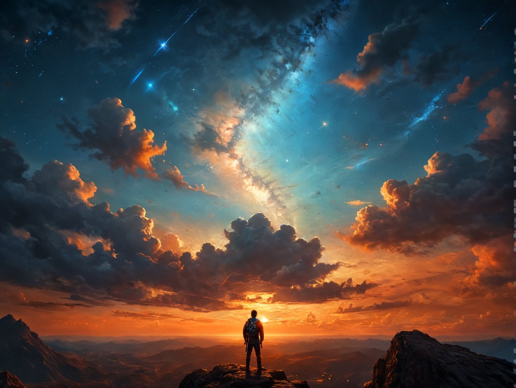 person looking at the magical orange blue sky with stars