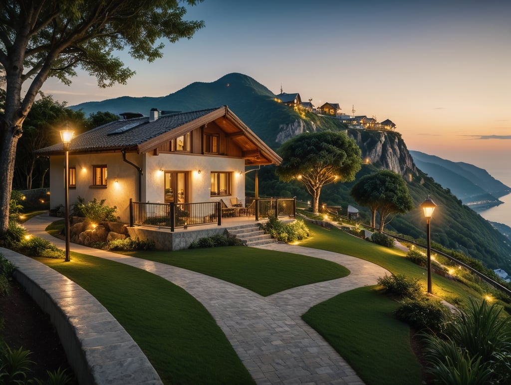 modern small cozy house on the top of a hight mountain with green trees and grass, a road leads to it, views of the village and the sea, photorealistic photo, walk paths, whide relax zone evening lights, lamps garland , wide parking zone