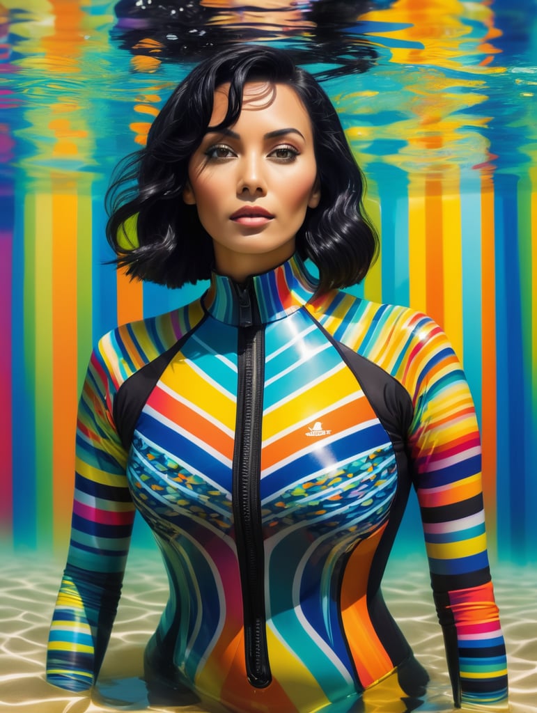 Portrait of a woman with black hair wearing a brightly patterned wet suit, underwater, colorful sea life, Vivid saturated colors, Contrast color, style of Yaacov Agam,