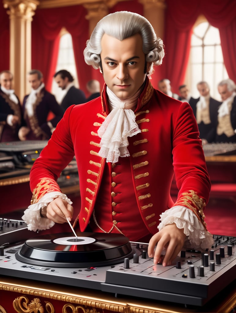 Wolfgang Amadeus Mozart in a 18th century red suit making music on a DJ table, Against the background of the interior of the palace full of guests, studio photo, professional photo, Bright and rich colors, Detailed image, detailed face,