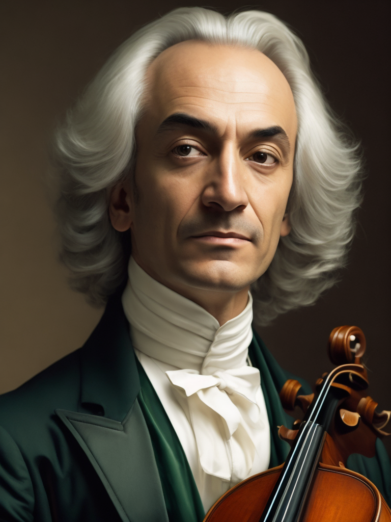 Antonio Lucio Vivaldi with a violin, in a 18th century green suit, Detailed image, detailed face,