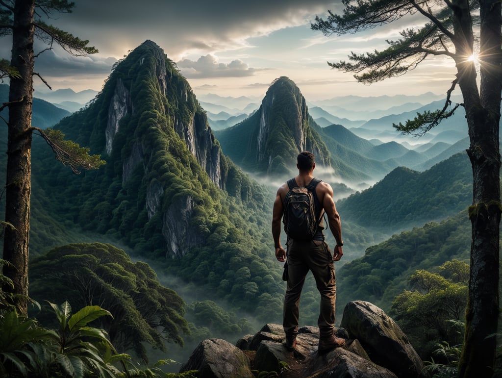 man to the top in the middle of the mountain forest, night, five months