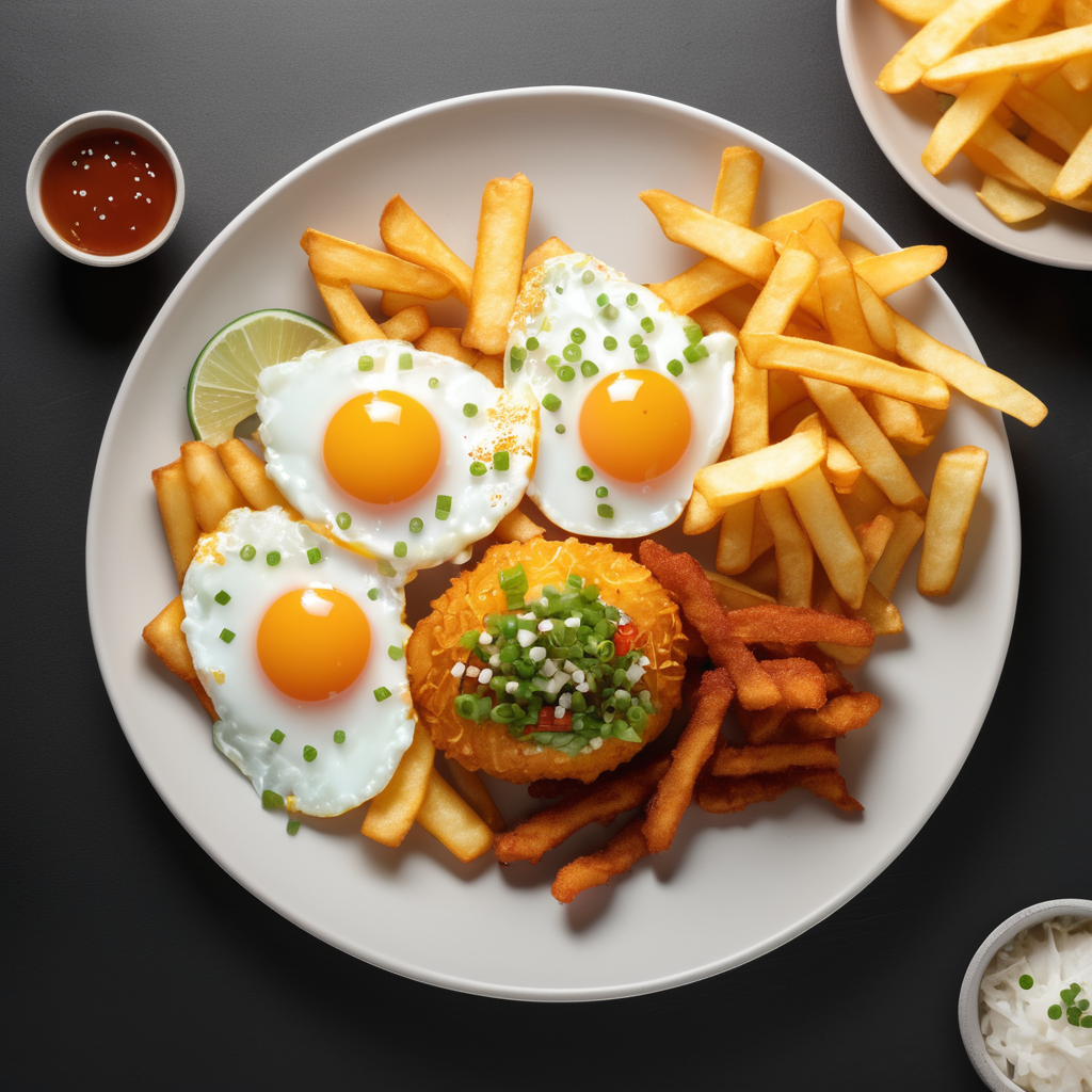 corporate dinner cuisine, Asian fried egg chips, minimalistic, healthy dish, hyper realistic, ultra hd, detailed
