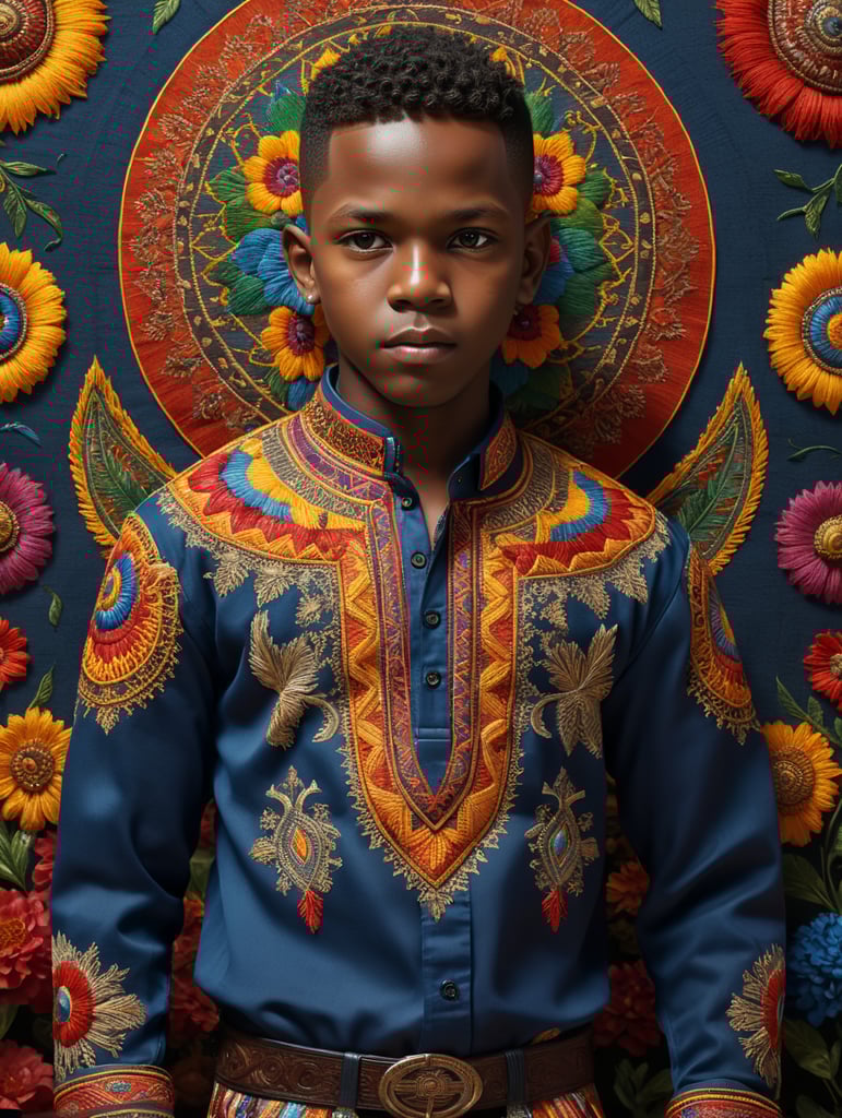 A young African boy stands proudly in his traditional embroidered shirt, surrounded by vibrant colors and intricate patterns. The 8K Ultra HD resolution captures every detail of his outfit, from the delicate stitching to the rich textures. With the use of octane render, this 3D image comes to life in a stunning isometric view.