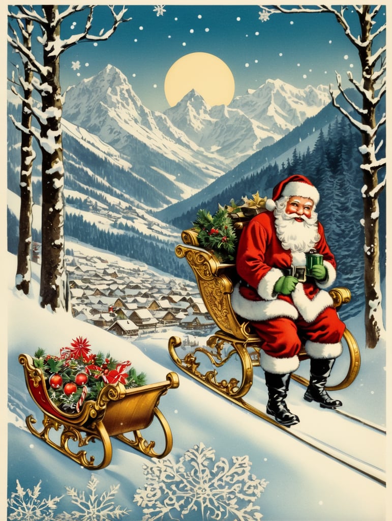 Santa Claus in a front of Austrian, Tyrol vintage Christmas postcard illustration brimming with nostalgic winter scenes, adorned with sleigh bells and delicate snowflakes