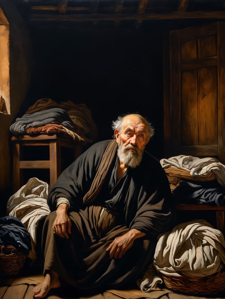 A masterpiece painting by Caravaggio and Rembrandt, fullshot view of a bearded old man, suffering, lying on a pile of old clothes, surrounded by beautiful canvases of masterpiece paintings, in a poor wooden house, at very dark night at the shadows