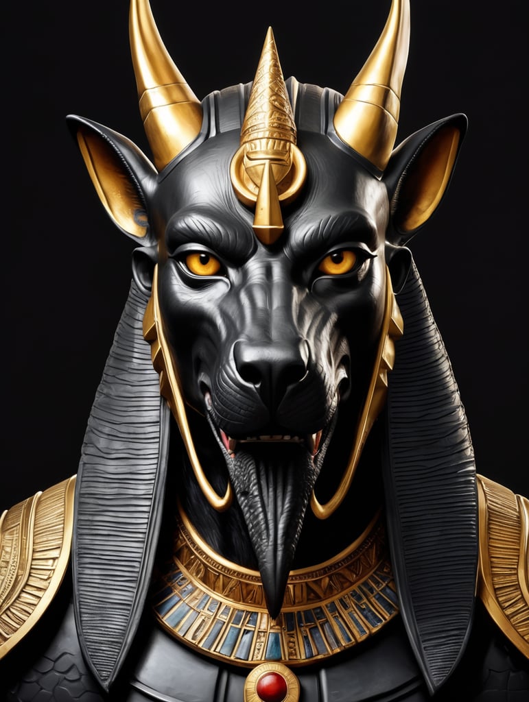 Egyptian god Anubis, portrait, hyper-realistic, dark style, focus on face, sharp on details, black background