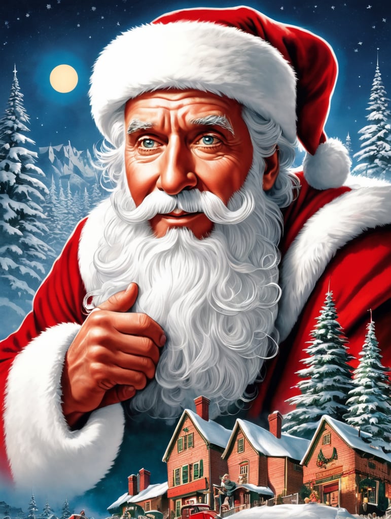 This artwork of the Santa Clause by George Wilson is an eye-catching poster-style drawing and illustration representing the iconic pulp style.