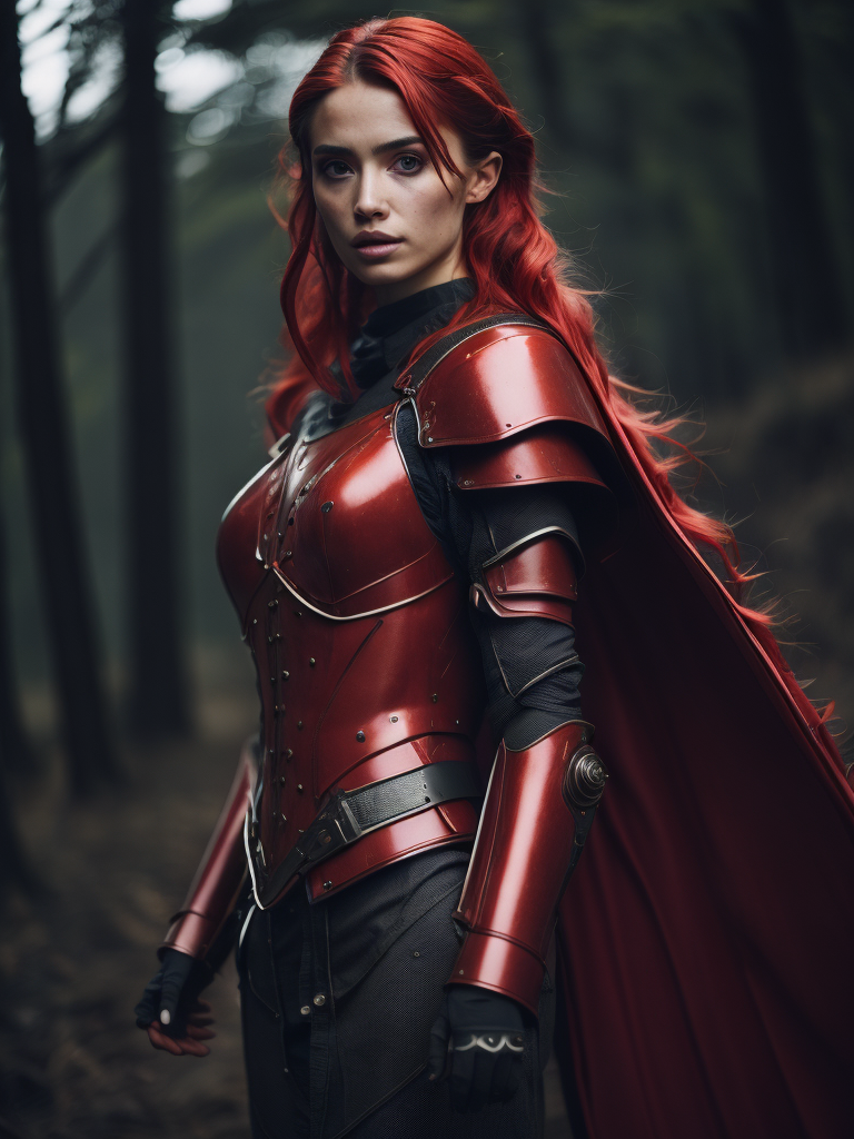 A young beautiful girl in red armor and red hair against the backdrop of a forest in red-burgundy tones, blurred background, focus on the girl, detailed armor, Dramatic Lighting, Depth of field, Incredibly high detailed