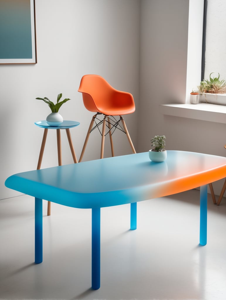 A contemporary minimalist semi-translucent silicone table with vibrant cyan blue and orange gradient colors as if designed by hi studio.
