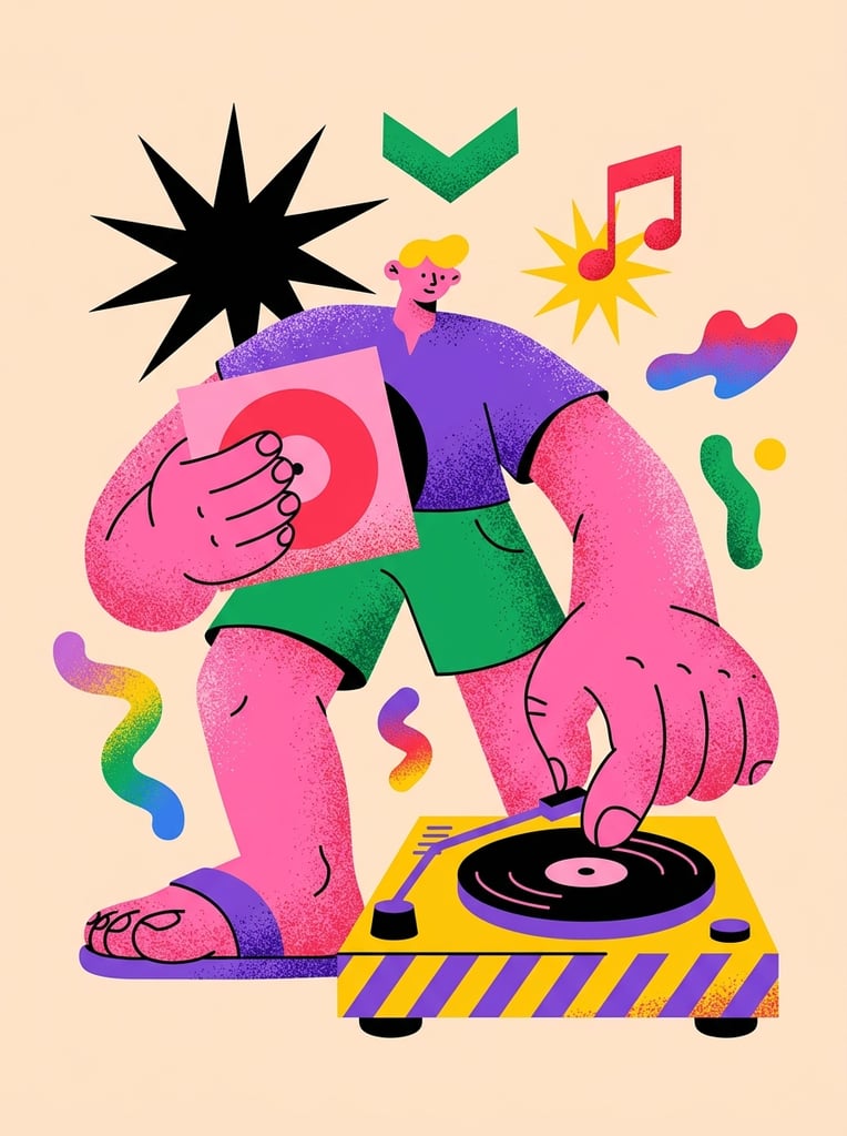 A stylized, vibrant illustration of a brightly colored figure with exaggerated proportions playing a record. The character features heavily textured pink skin, a small blonde head, and massive hands. They wear a purple shirt, green shorts, and purple sandals. One oversized hand holds a pink and red record sleeve, while the other adjusts the tonearm of a yellow and purple striped turntable. Floating abstract shapes surround the figure, including a large black starburst, a yellow starburst, a green chevron, a red musical note, and colorful wavy blobs. The scene is set against a pale peach background, rendered in a flat graphic style defined by bold contrasting colors and a pervasive grainy, stippled texture.