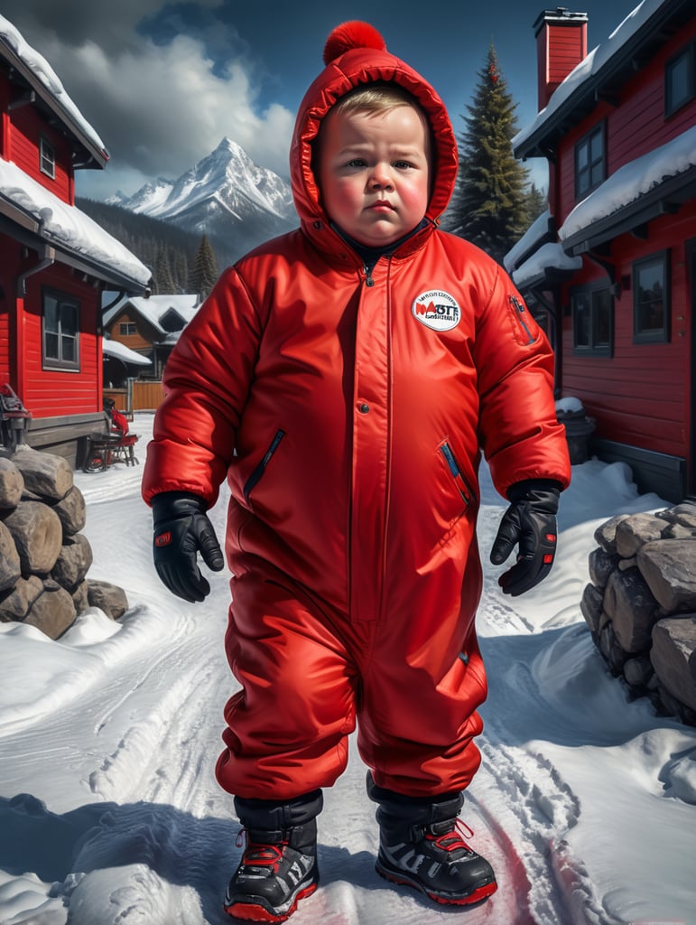fat boy wearing red snowsuit