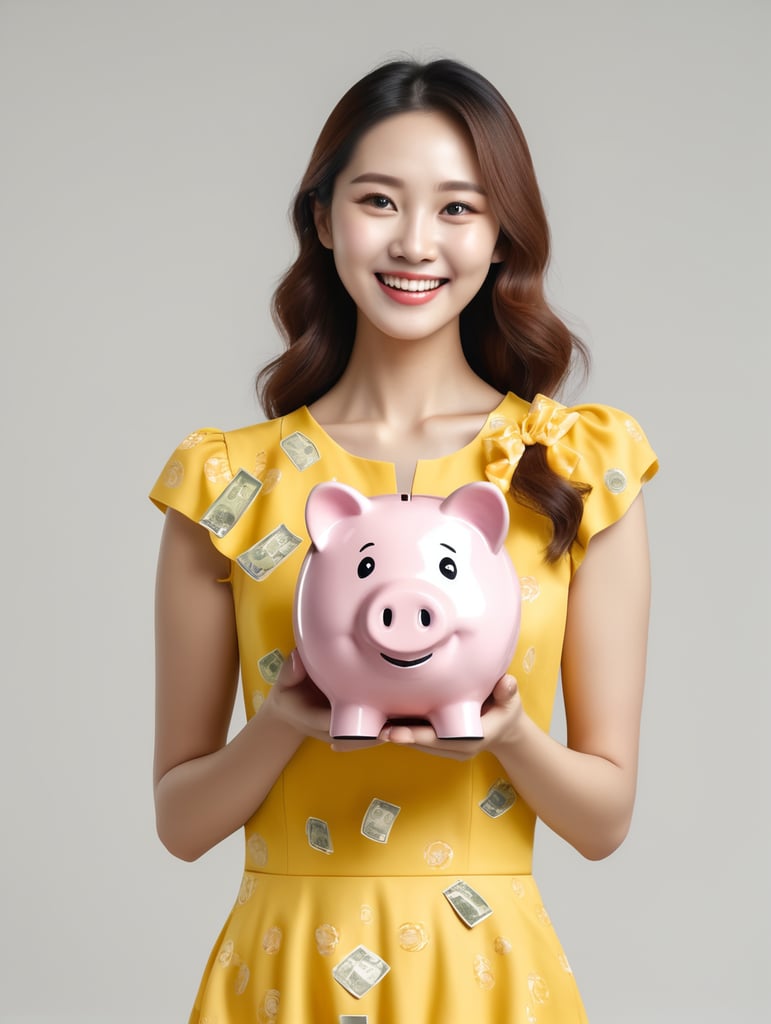 4k high resloution hd image,Korean woman happy smile lady and holding piggy bank with money, dresses yellow, isolated over white background