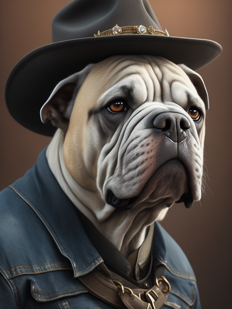 grey bulldog in a cow boy hat