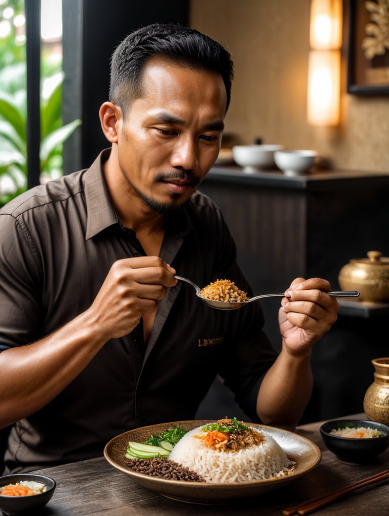 seorang lelaki melayu sedang makan nasi. berbaju warna coklat dan hitam