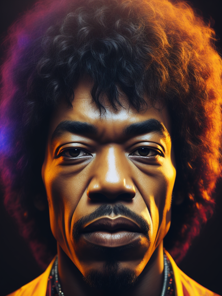 Jimi Hendrix face, front view, color photography