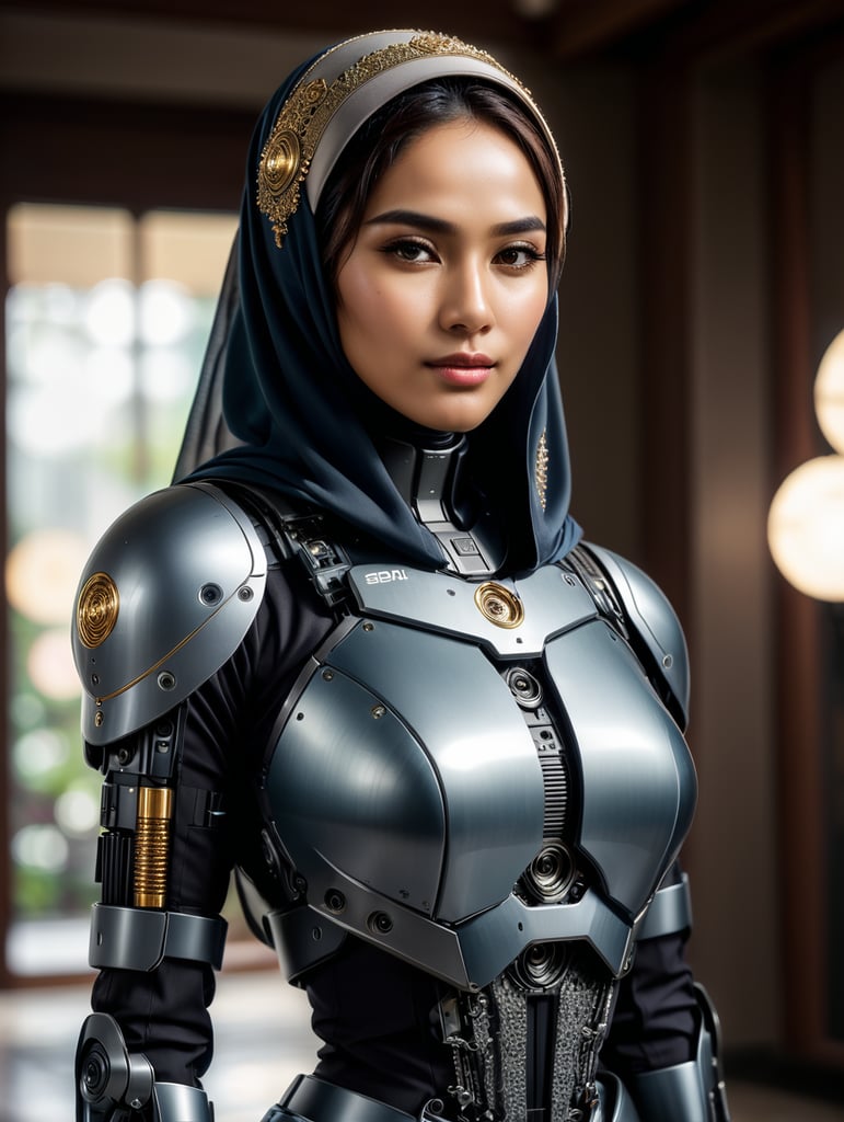 foto seluruh badan Seorang perempuan Indonesia dengan hijab syar'i dengan pakaian modern robot , Ultra HD, Professional photography, ultrafine detailed, crazy details, intricate details.