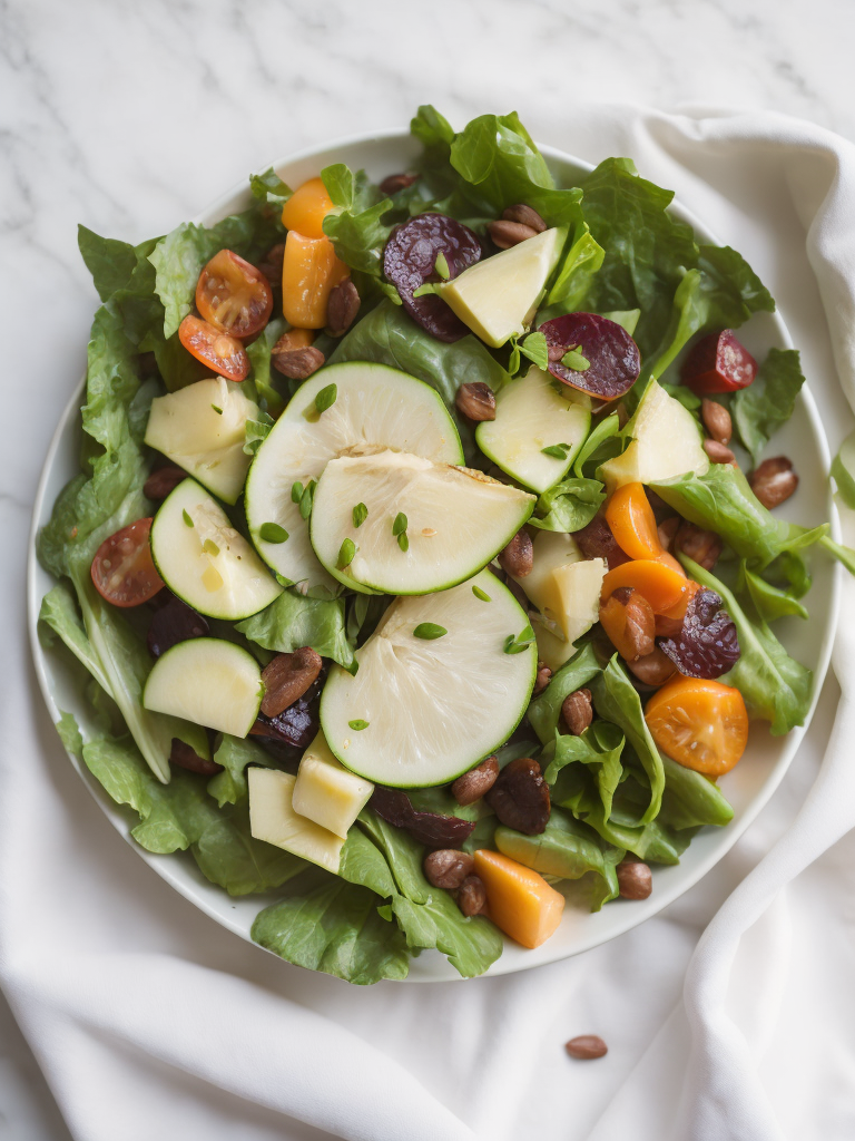 plate with salad, top view, on white tablecloth, sharp on details