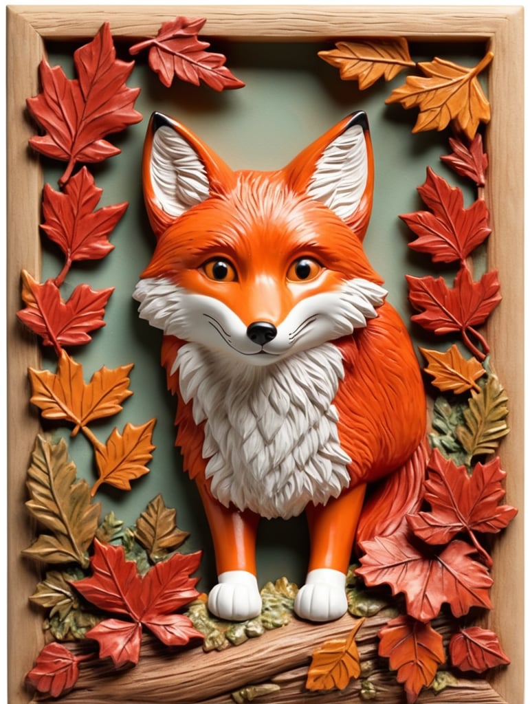 Envision a playful red fox in 3D bas-relief, its bushy tail and mischievous eyes full of charm. The piece showcases an autumn forest scene, with vibrant reds and oranges, and a forest floor border covered in fallen leaves.