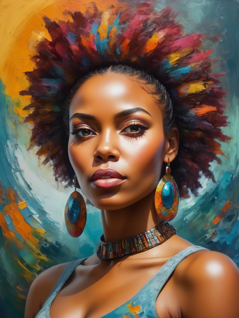 A vibrant and colorful portrait of a beautiful woman african-american, Afrofuturism and abstract expressionism, oil painting, hyperrealistic digital painting, impasto heavy strokes, masterpiece, 8k resolution