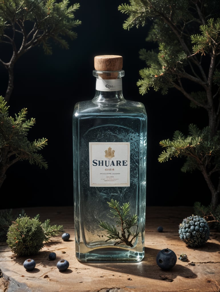 professional photography of a square gin bottle, square bottle, surrounding a juniper and juniper berries, one shot of gin in a front, no label, clear, mockup