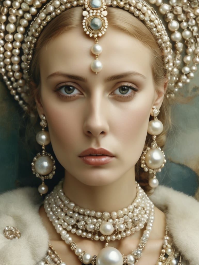 Russian woman with pearl jewelry, in the style of manipulated photography, byzantine-inspired, alejandro jodorowsky, multilayered mixed media, marianna rothen, edwin lord weeks, close up