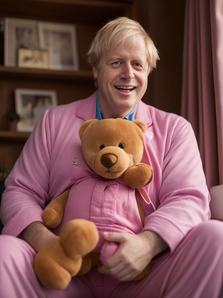 Boris Johnson in pink pajamas laughing, holding one cute brown teddy bear, bright and saturated colors, detailed portrait, realistic style