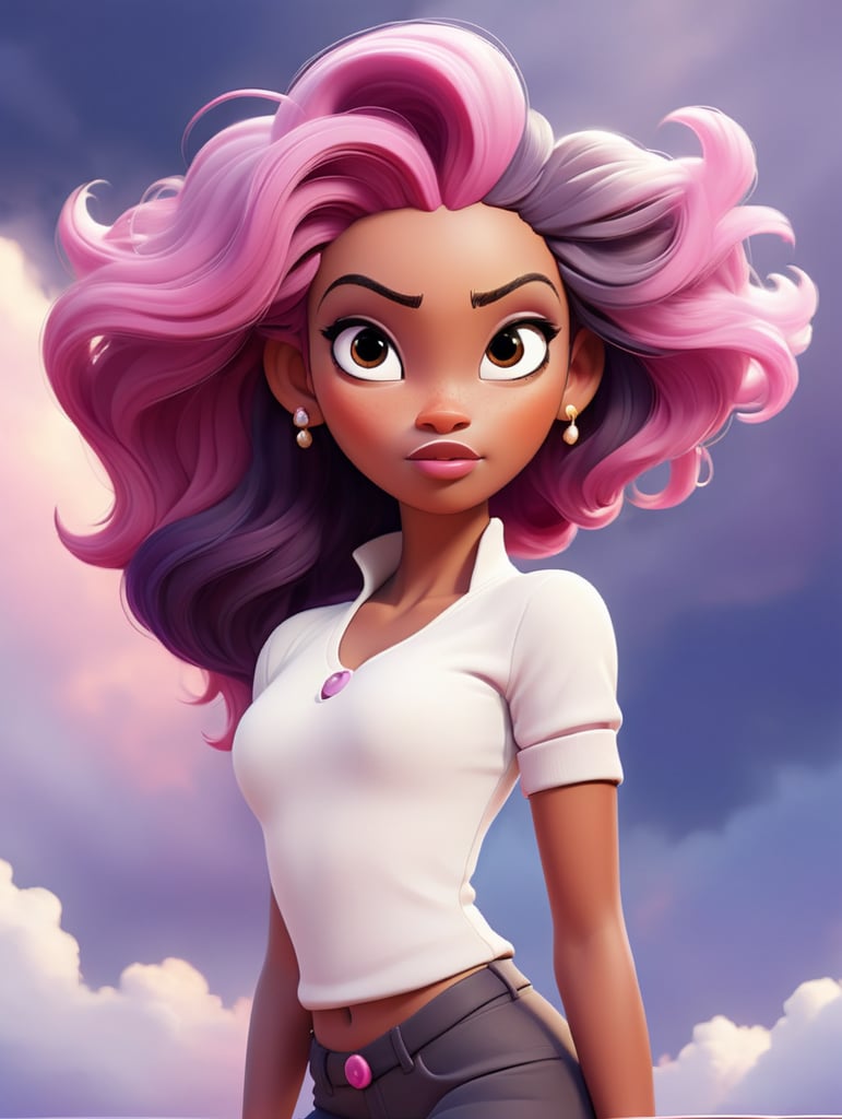 a woman with afro hair and a white shirt is standing in front of a purple sky with clouds and a pink hair, upperbody, midriff, Brom, flat colors, a character portrait, digital art, dark-skinned_female, dark_skin, navel_piercing, off_shoulder, pink_hair, purple_background, sky, long_hair