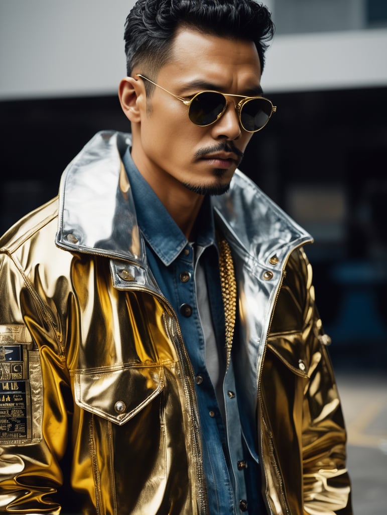 Jacket, futurist, mechanic, gold, silver, shot on leica, fashion portrait, by kith