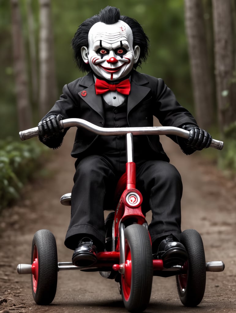 Billy the puppet from the movie saw drifting on his tricycle, highly detailed and resolution