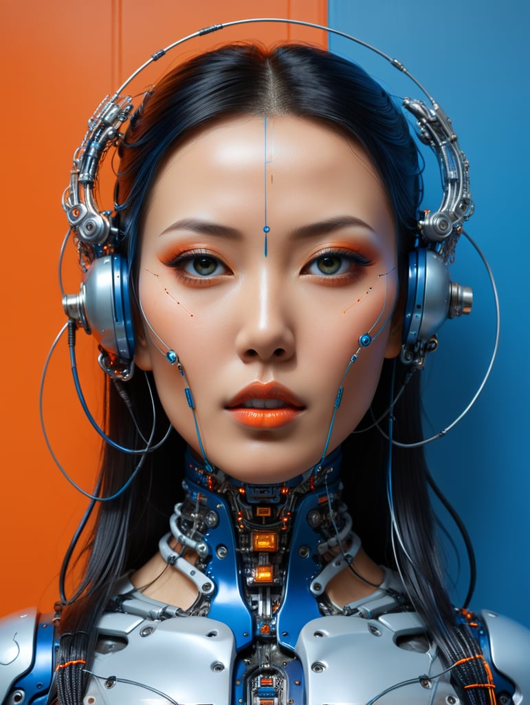 Face photography, in front of an orange and blue wall, a beauty asian cyborg woman, connected by cables and wires and led, an attractive transparent dark plexiglass latex body plc robots with silver motor head, with ray guns, 80 degree view, art by sergio lopez, natalie shau, james jean and salvador dali