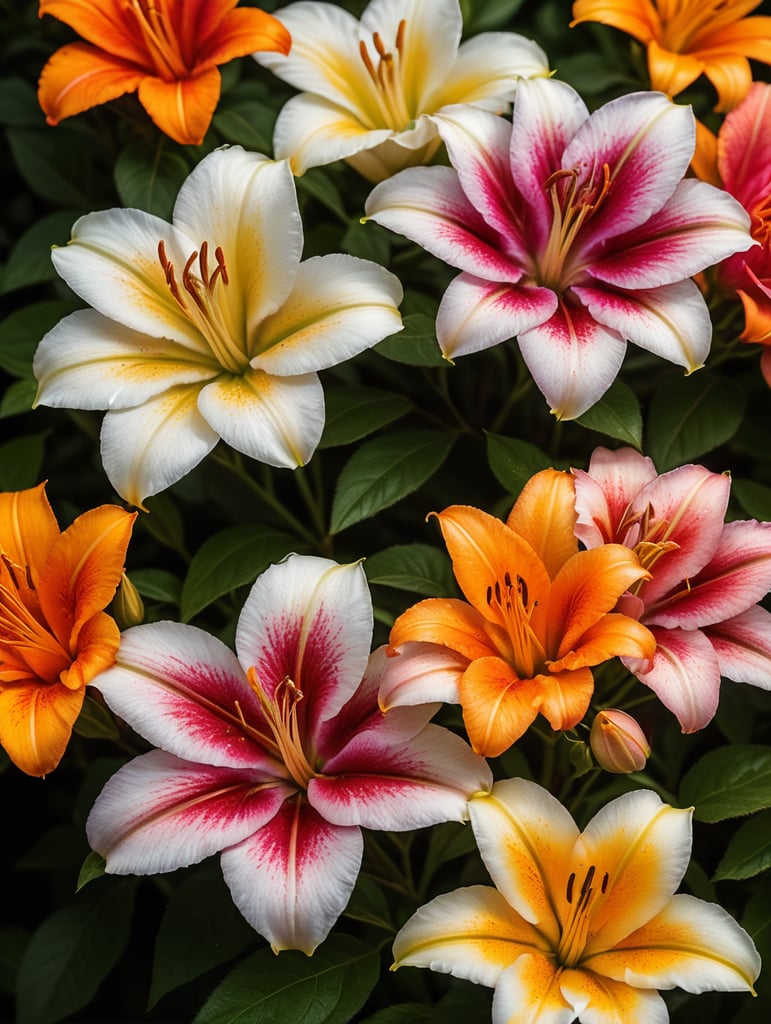 create a vivid colorful a4 size cover page for coloring book on flowers. white background many colorful flowers make the cover bright and vivid where the flowers are overlapping each other, include roses lily's and other flowers on the cover page make the colours bright in two tone and let the colours pop