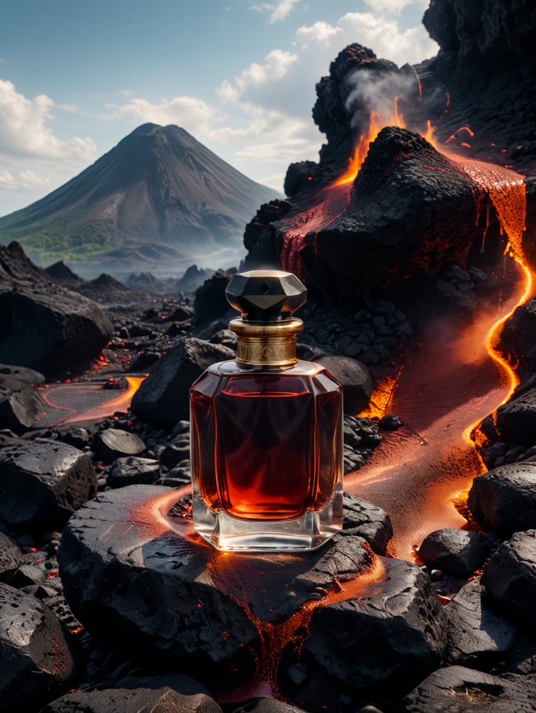 professional photography of a luxury perfume, on a volcanic lava, red satin scarf and lava on the background, no label, clear, mockup