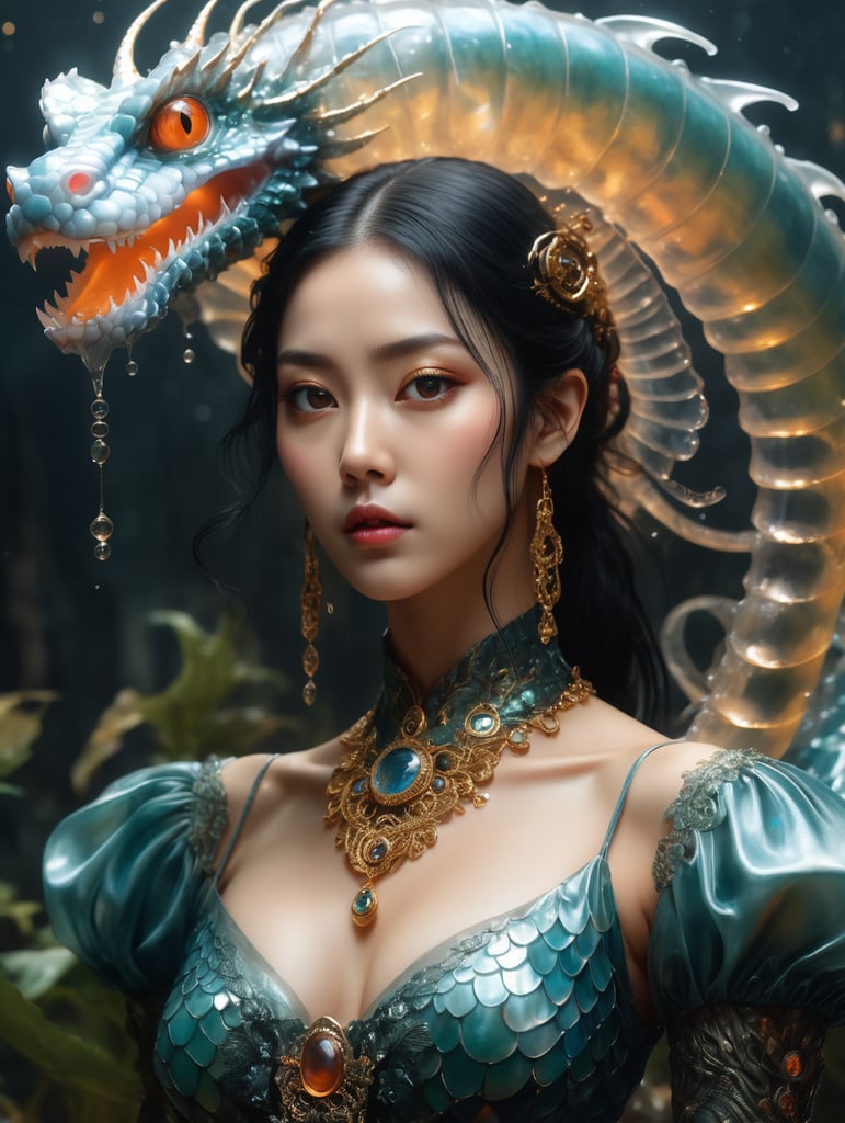 RAW photo, best quality), (realistic, photo-Realistic:1.3), full body, Water dragon, fasterpiece, beautiful and aesthetic, 16K, (HDR:1.4), high contrast, (vibrant color:1.4), (muted colors, dim colors, soothing tones:0), cinematic lighting, ambient lighting, sidelighting, Exquisite details and textures, cinematic shot, Warm tone, (Bright and intense:1.2), ultra realistic illustration,Portrait of a ghostly jellyfish, shiny aura, highly detailed, gold filigree, intricate motifs, organic tracery, by Android jones, Januz Miralles, Hikari Shimoda, glowing stardust by W. Zelmer, perfect composition, smooth, sharp focus, sparkling particles, lively coral reef background, inspired by necronomicon art | botanical art | Egon Schiele | Luis Royo, eye-catching, artistic, ominous colors, masterful shadows, hyper details, hyperrealistic, otherworldly, eerie steampunk landscape, by Yoshitaka Amano | yoji shinkawa:2.0, staring at viewer, black baccara:2.0, mosaic glass scales, anime-inspired character, hypnosis gaze,