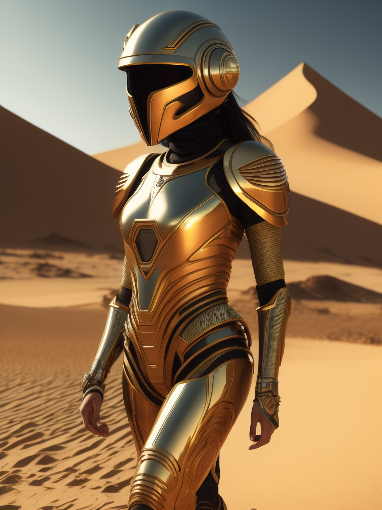 Cyber girl wearing gold chrome helmet, shining reflections, walking in the desert, photorealistic, hyper-detailed, dune atmosphere