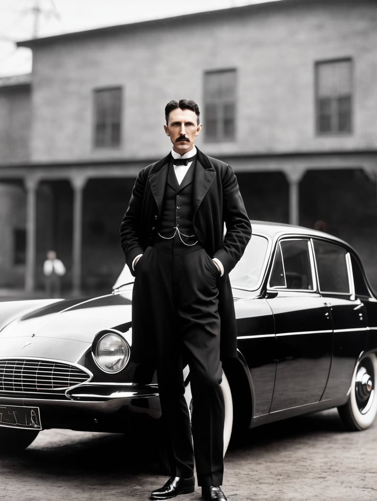 Nikola Tesla looks directly into the camera, with a Tesla car standing behind him.