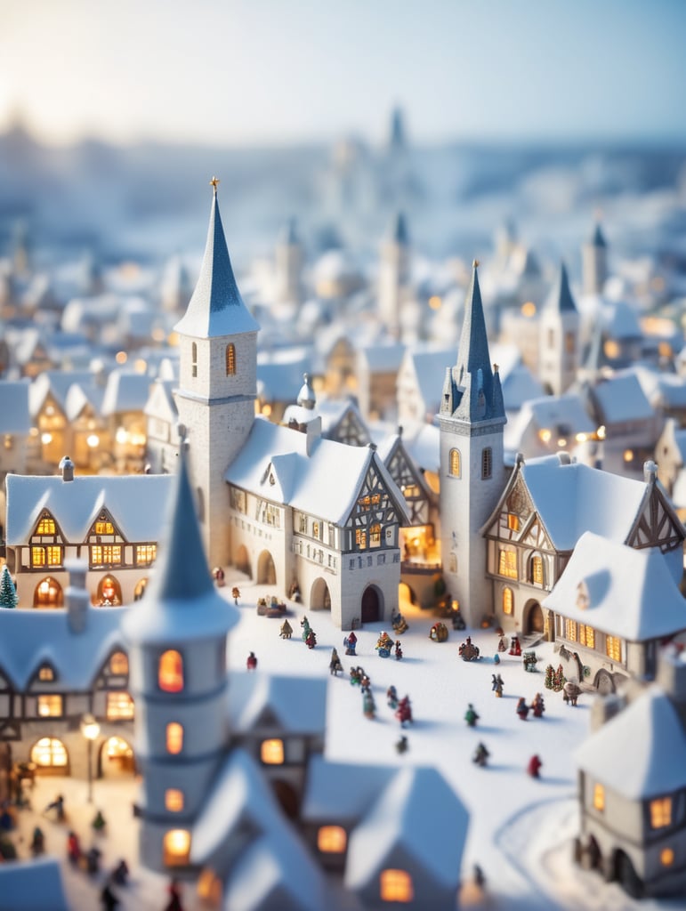 tilt shift photography of a Christmas medieval fantasy miniature city, depth of view, sunny, at night, snowy weather