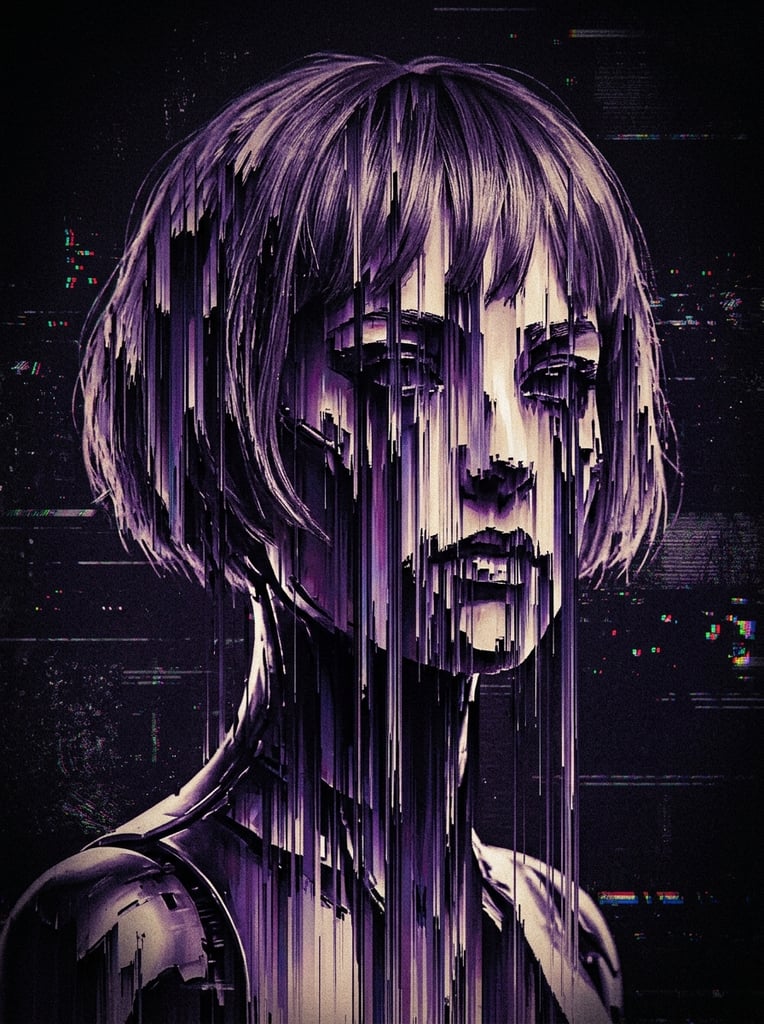 A feminine android with a bob-style haircut rendered in a dramatic glitch art aesthetic. The android's features are heavily distorted by intense vertical pixel sorting, creating severe downward-streaking digital striations across the face and hair. Deep purples, dark violets, and black shadows dominate the color palette, contrasting with muted beige and cream highlights. The highly stylized composition features sharp contrast and a dark vignette background, emphasizing the vertically fragmented digital manipulation.