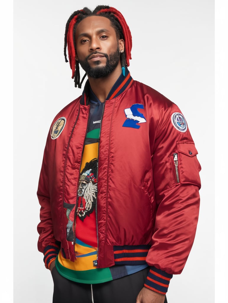 a man with dreadlocks on his head is wearing a colored jersey and a red bomber jacket