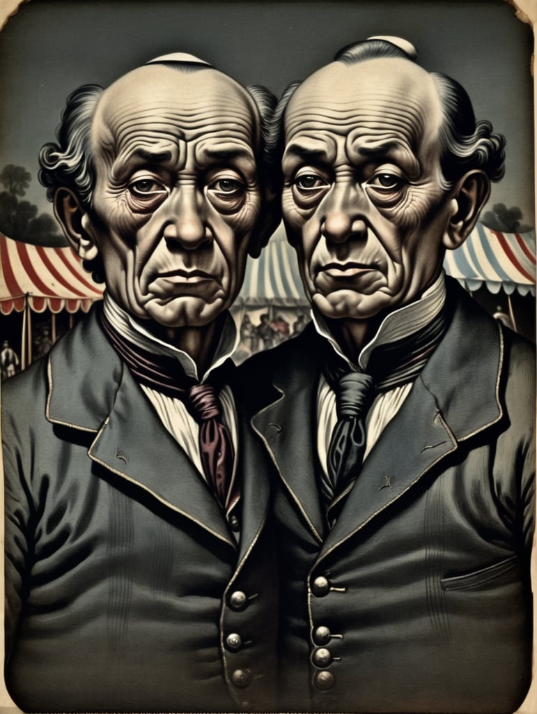 An old engraving by Hendrick Goltzius, postcard illustration, full body portrait, very old and sad siamese twins, standing alone in front of a circus tent
