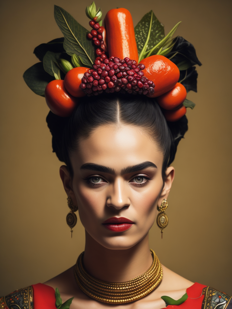 Portrait of Frida Kahlo,Headdress made of fine vegetables and herbs, bright and saturated colors, elegant, highly detailed, vogue, fashion magazine, sharp focus, bright expressive makeup, dramatic lighting, depth of field, incredibly high detailed, blurred background.