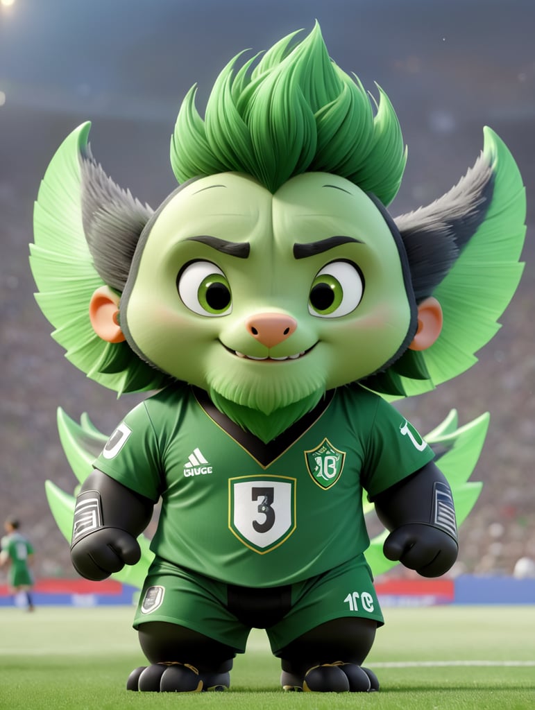 Strong Didelphis albiventris wearing a green football shirt. The t-shirt must have a big black V symbol on his chest. Didelphis albiventris tail must be hairy at the beggining but peeled at the end Epic football stadium atmosphere similar to a coliseum (with a penchant for black and green colors) and green Fireworks.