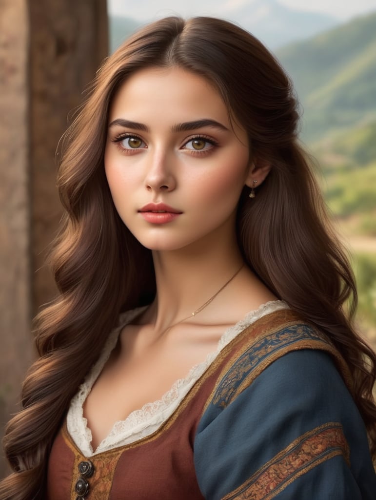 Georgian era twenty year old girl with sharp exquisite bright dark eyes, chestnut hair, natural look, highly detailed, saturated colors, attractive, heart shaped small face, high cheekbones, fair skin
