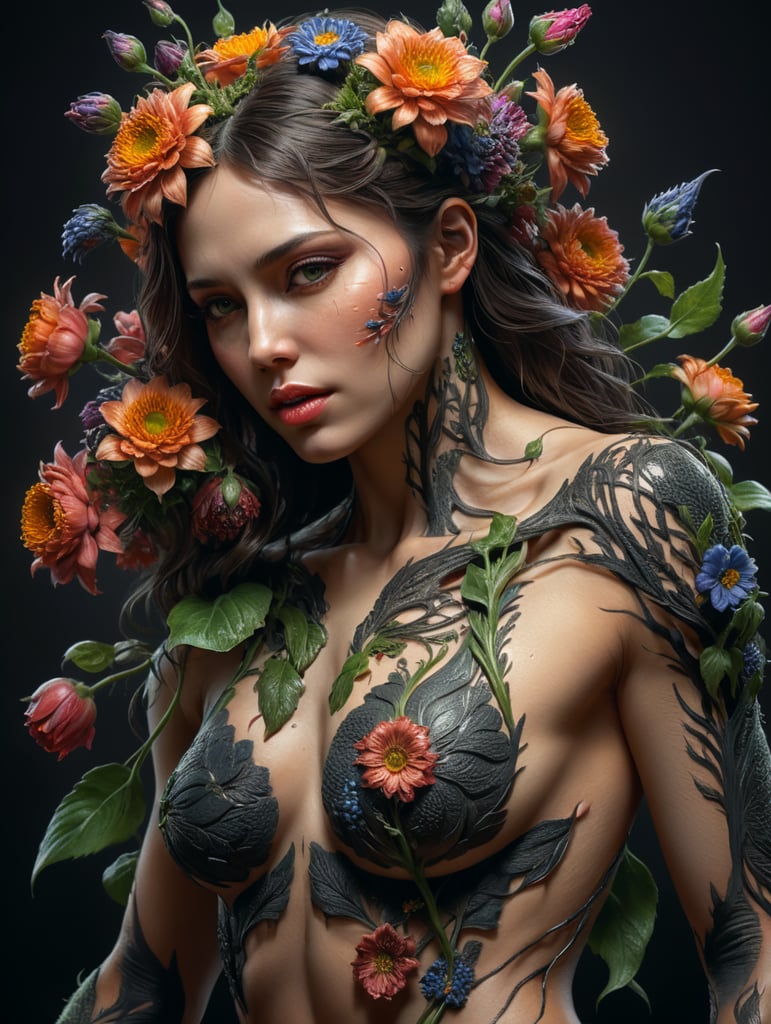Woman with flowers growing out of skin