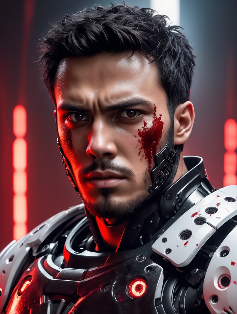 A realistic photograph of a 22-year-old man, with a scary angry expression, black messy short hair, dark black eyes, with a cut scar in the eye, with no beard, strong body, wearing a white robotic armor, covered with red dye, with a bright background with white leds, dramatic illumination, hyperdetailed, hyperrealistic, 8 k