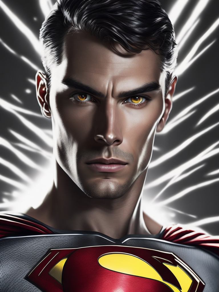 silver superman with laser from eyes shooting, precision in details, cinematic, bold, cartoonish lithographs, chrome reflections, energetic